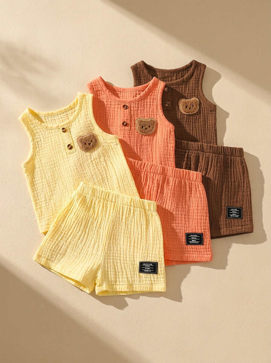 Baby Boy Summer Bear Embroidery Vest And Short Sleeve Set