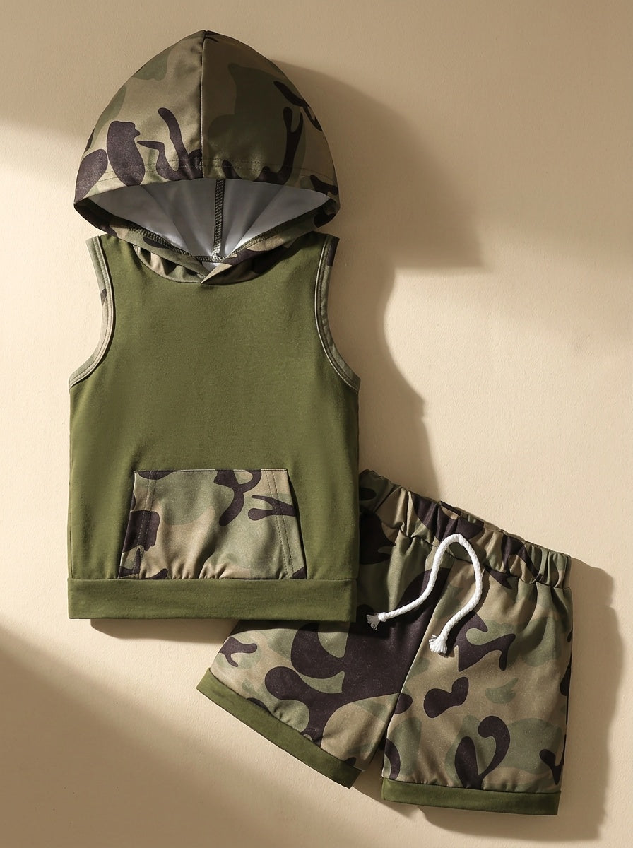 Boys summer handsome sleeveless hooded sports vest and shorts camouflage set casual fashion two-piece set