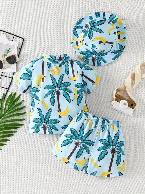 1 Set Boys' Tropical Beach Vacation Outfit - Casual Short Sleeve Shirt and Shorts for Outdoor Activities, Perfect for Outdoor