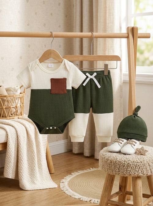 's Short-Sleeve Clothing & Pants Set - Textured Snap-Fit Bodysuit with Matching Long Pants, Spring Summer Clothing, Machine Washable Casual Outfit, Perfect for Outdoor,boys and girls clothes
