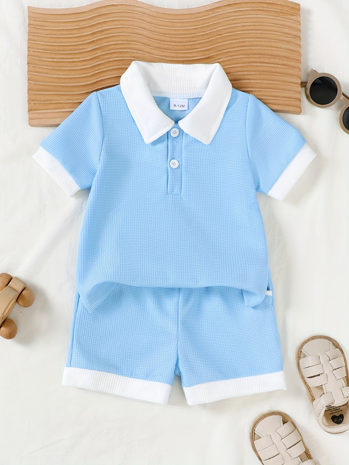 Summer Preppy Style Baby Boy Light Blue Contrast Set Polo Collar Commuter Short Sleeve And Pocket Shorts 2pcs Outfit, for Outdoor