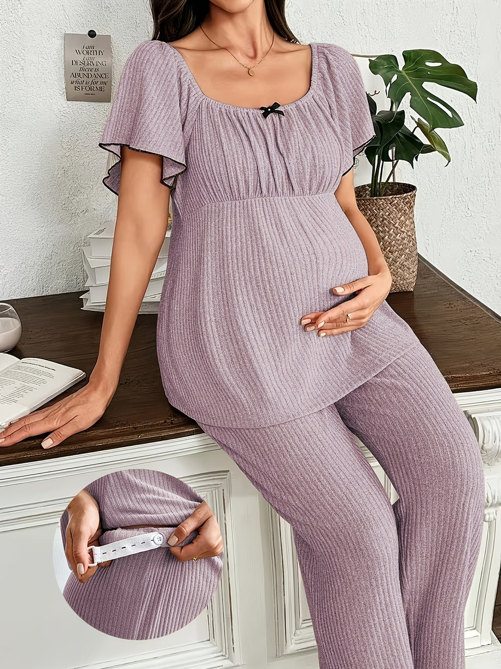 2pcs Set: New Spring/Summer Fashion Maternity Outerwear Pants Set, Tummy-Controlling and, High-Waisted with Pouch, Straight-Leg Pants, Adjustable Elastic Waistband for Pregnant Women