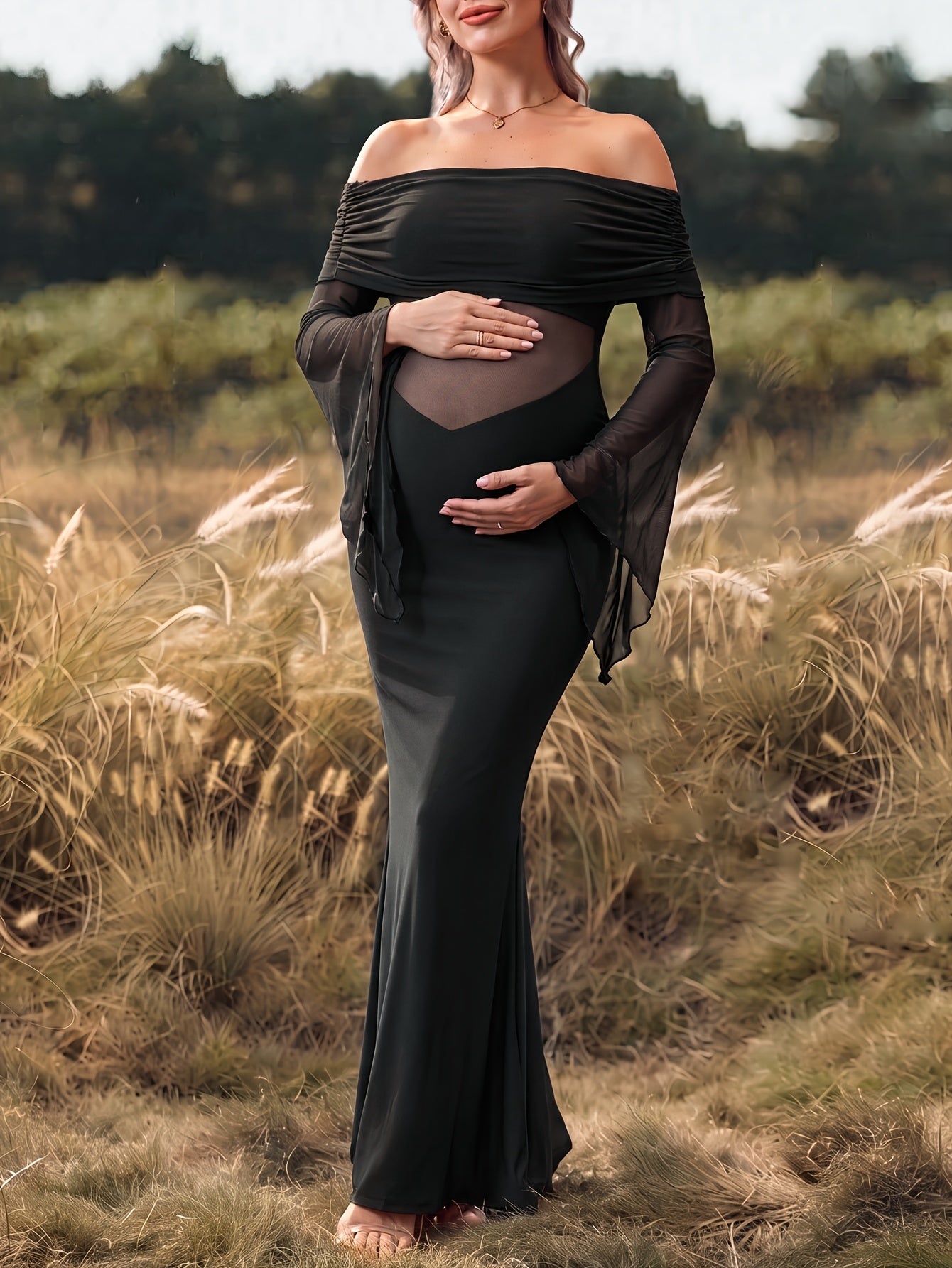 Off Shoulder Mesh See Through Maternity Mermaid Dress Long Sleeve Slim Pregnancy Photoshoot Gown