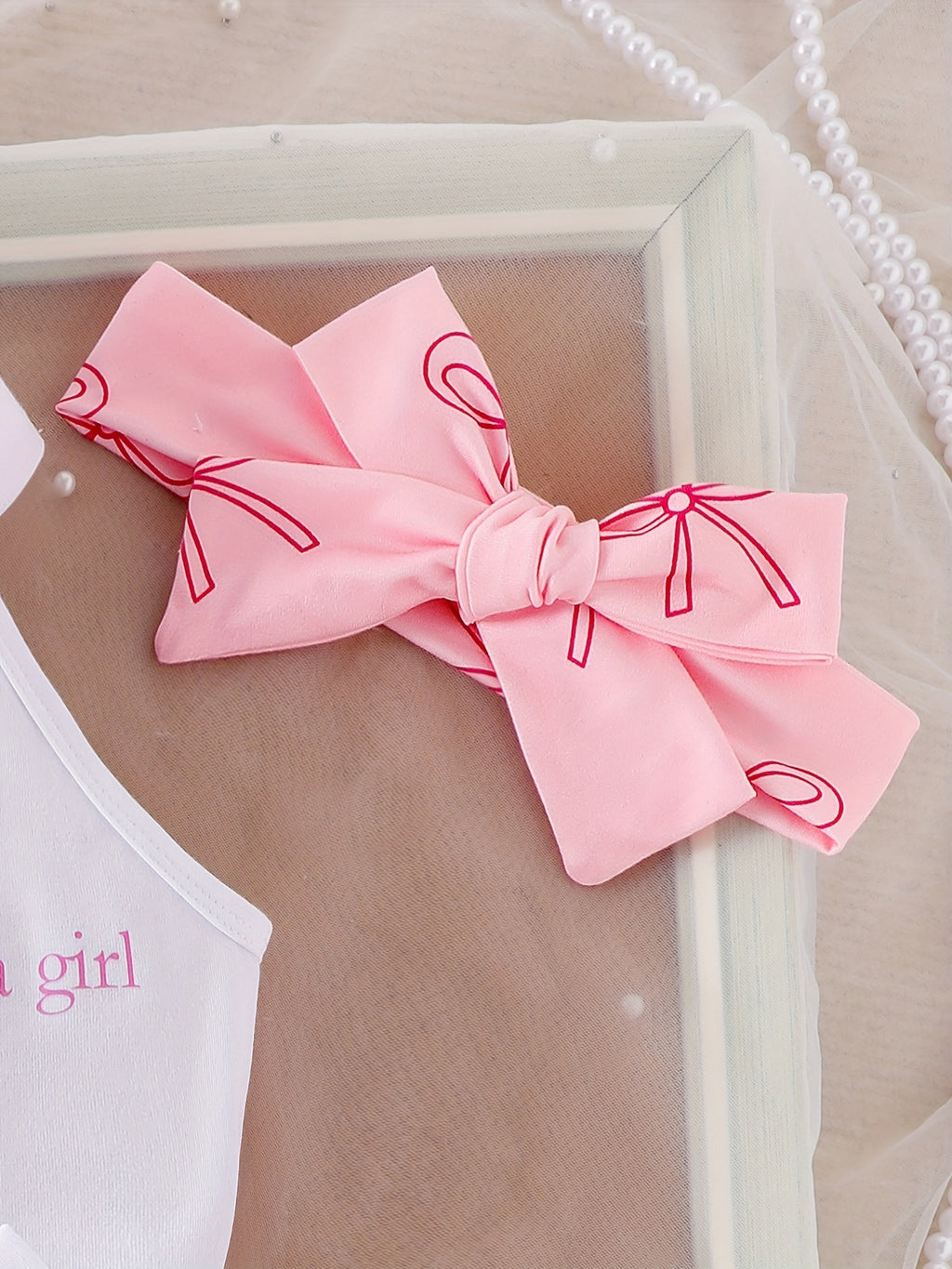 Girl's Sleeveless Halter Neck Pink Bow Top + Pink Bow Print Shorts + Bow Print Headscarf, Perfect for Outdoor