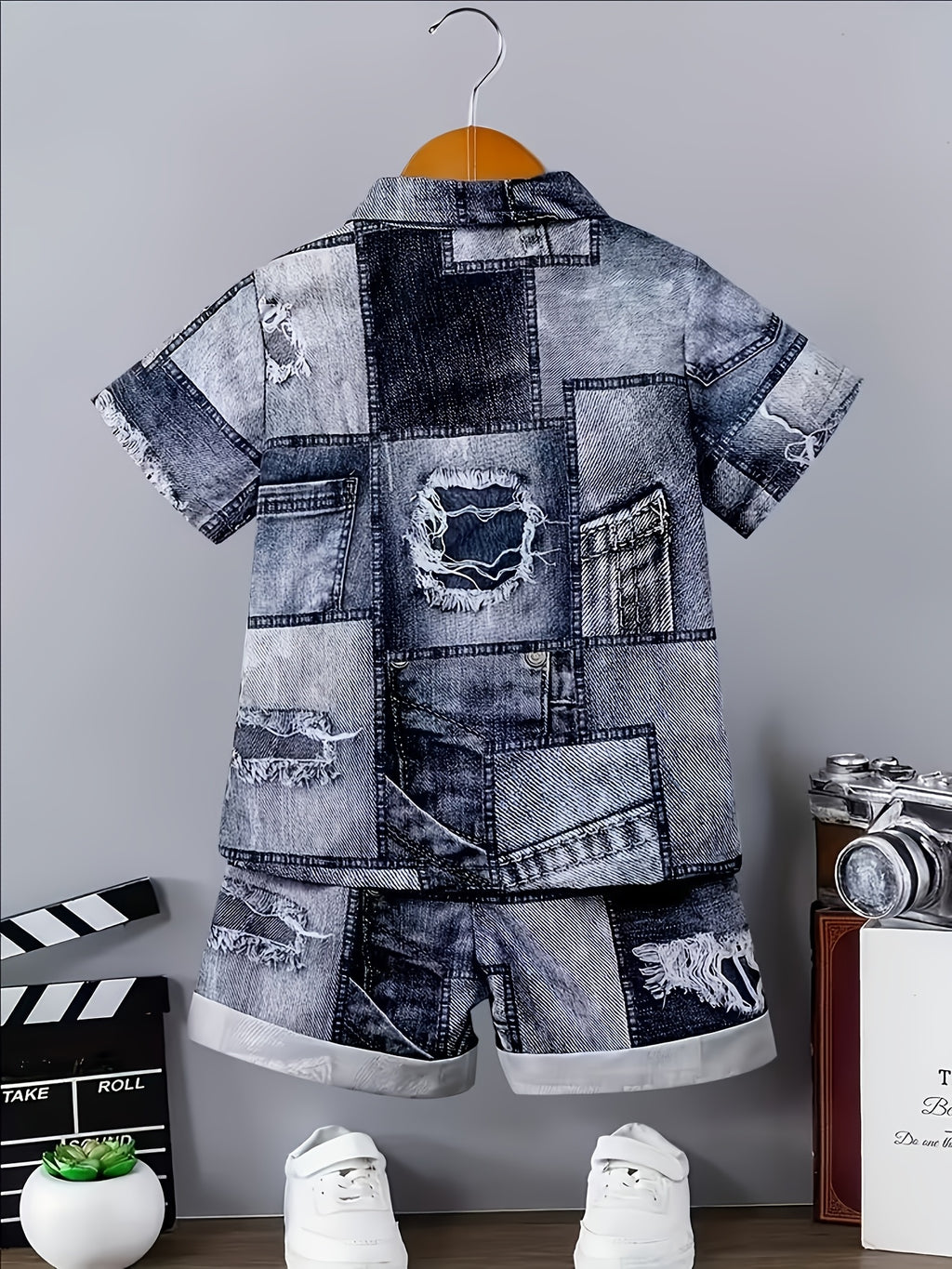 Boys' 2pcs Set, Casual Outfit for Boys, Popular Printed Imitation Denim Shirt with Short Sleeves and Shorts, Comfortable Casual Wear, Perfect for Outdoor