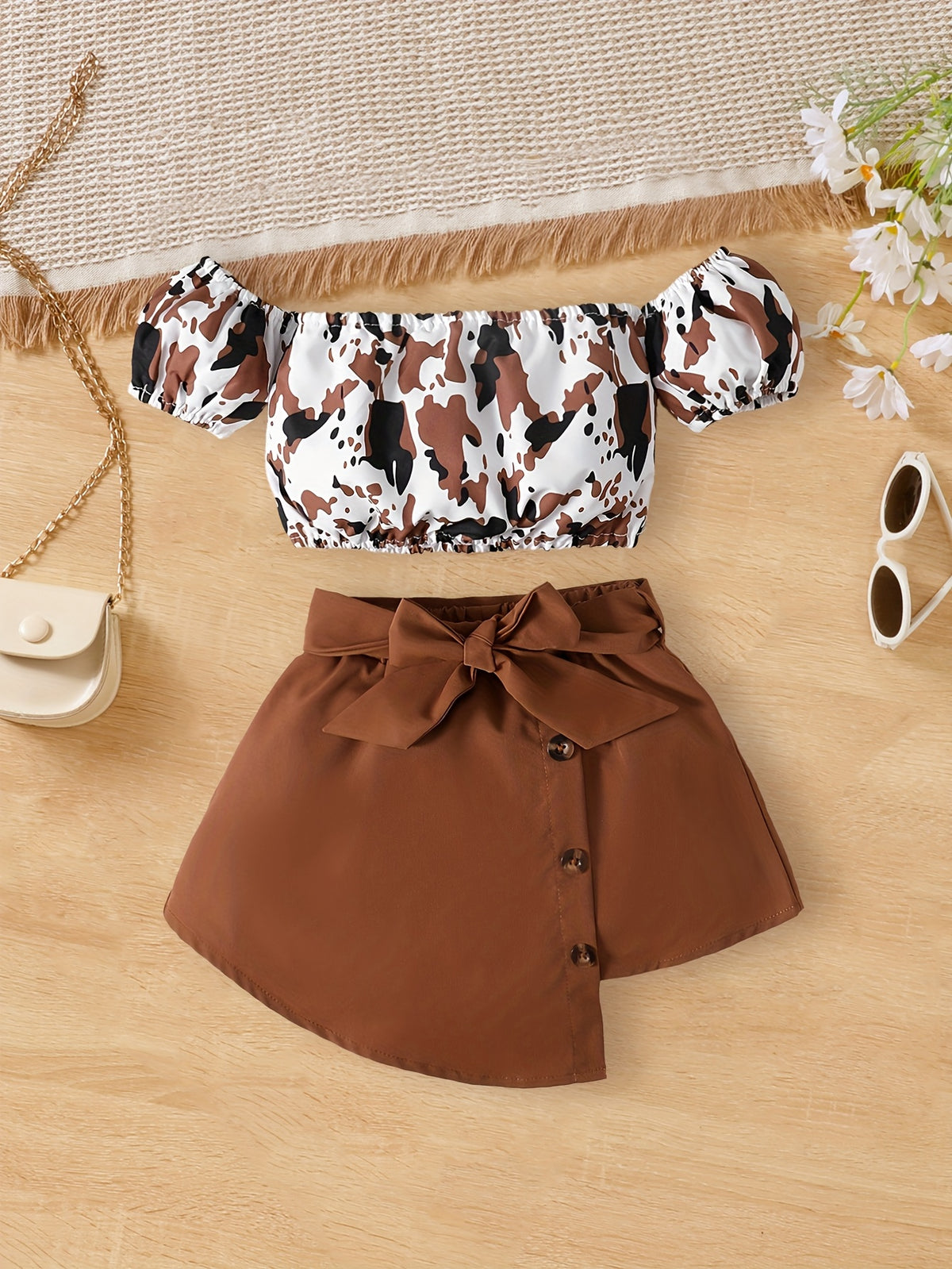 Baby Girl Outfit Leopard Top and Button Skirt Set
