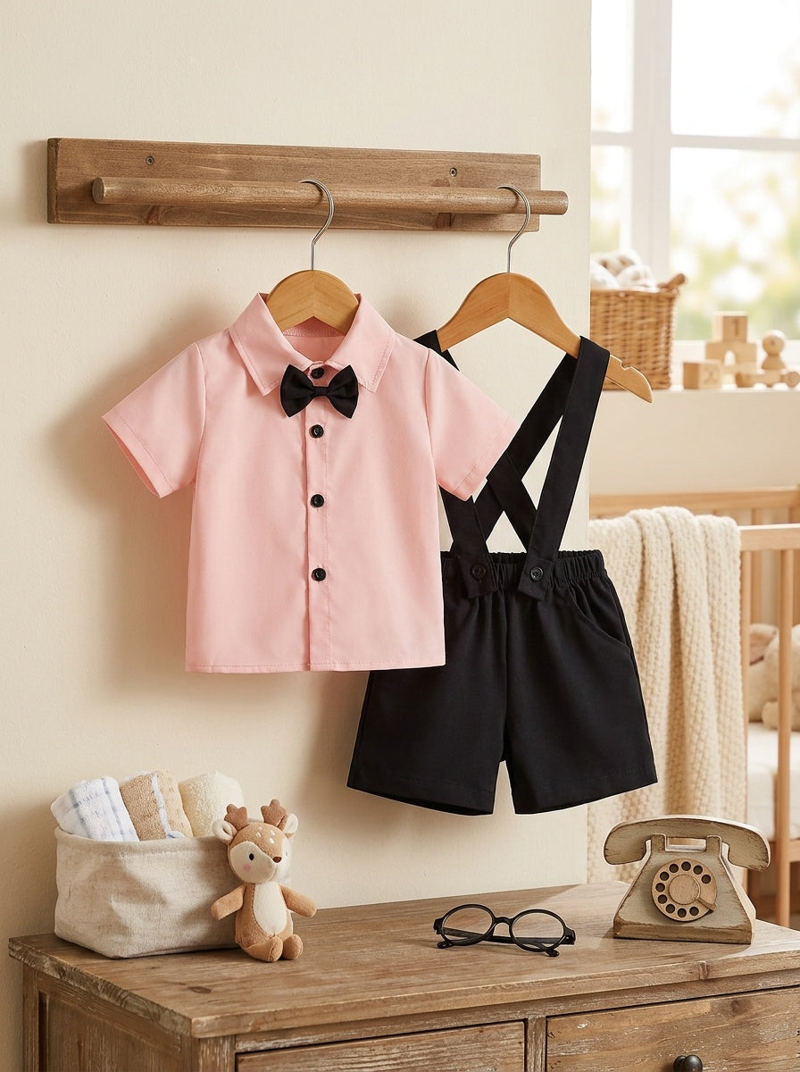 0-3 Years Boys' Spring/Summer Solid Color Shirt + Suspender Shorts Casual 2pcs Set, Bow Tie Decoration, Gentleman's Outfit, Suitable for Outdoor, Parties, Vacations, First Birthday Parties, Can Be Given as a Gift, Perfect for Outdoor