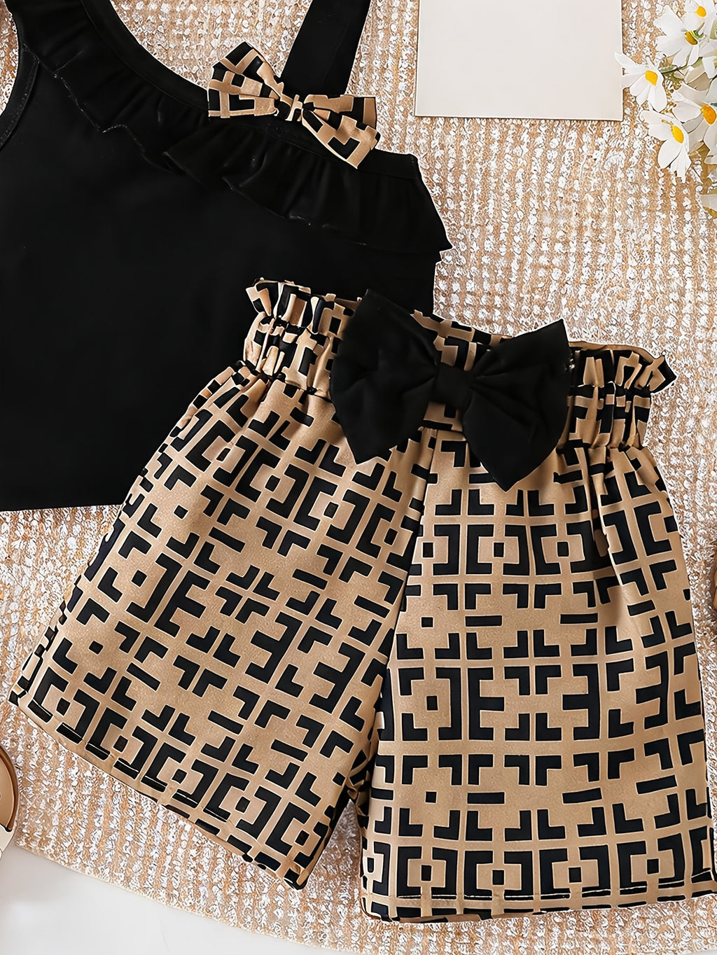 Girls Off-Shoulder Top and Geometric Shorts Set