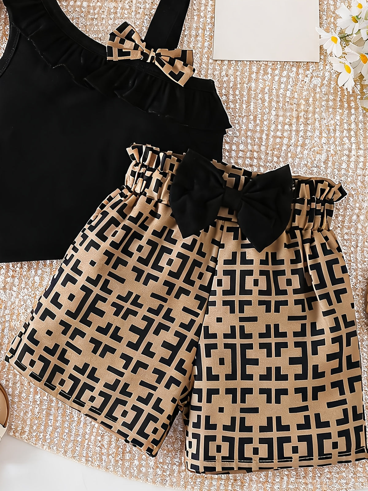 Girls Off-Shoulder Top and Geometric Shorts Set