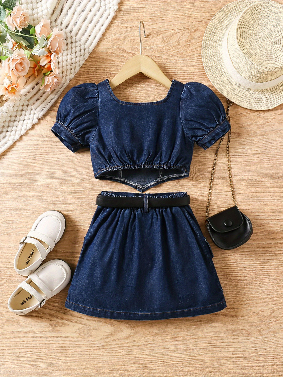 Girls' Denim Skirt Suit with Puff Sleeves and Belt