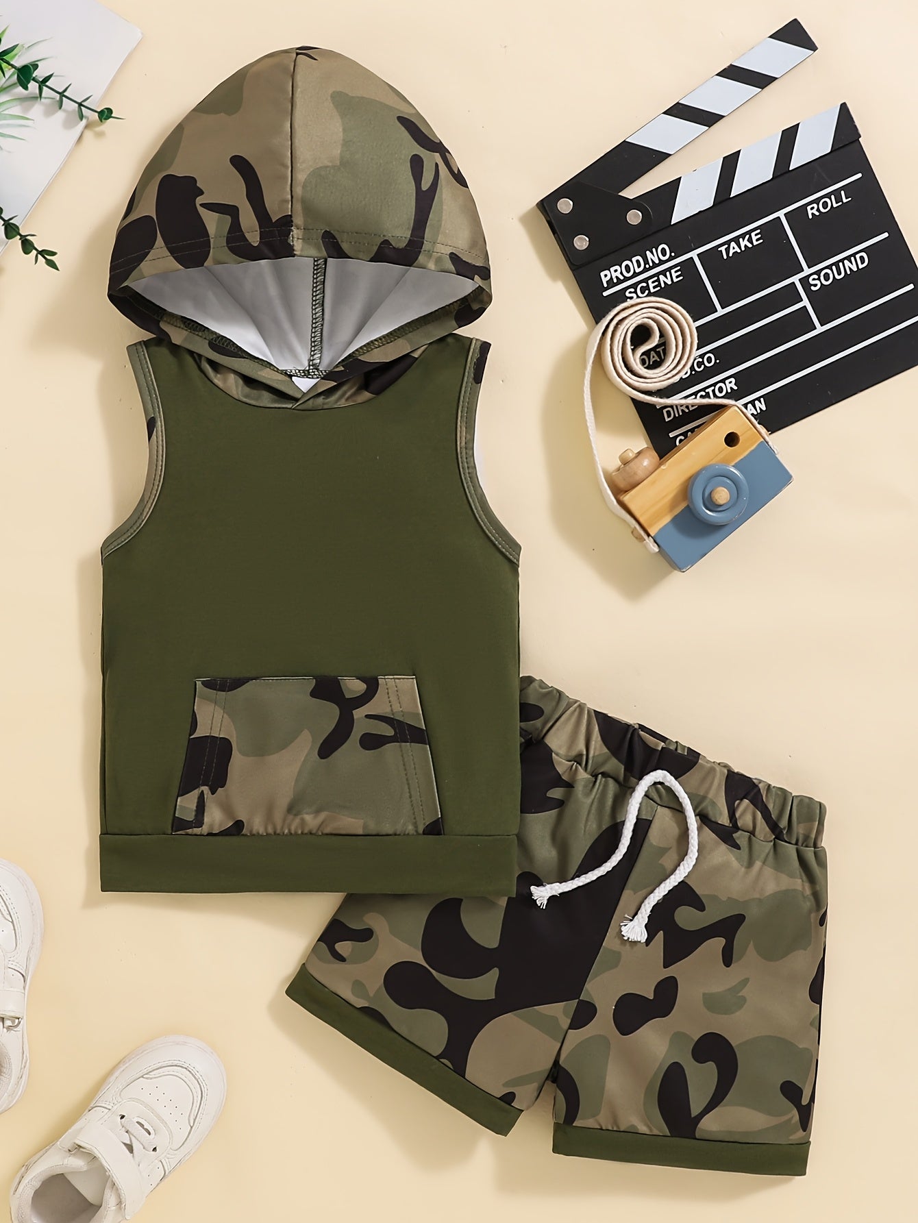 Boys summer handsome sleeveless hooded sports vest and shorts camouflage set casual fashion two-piece set