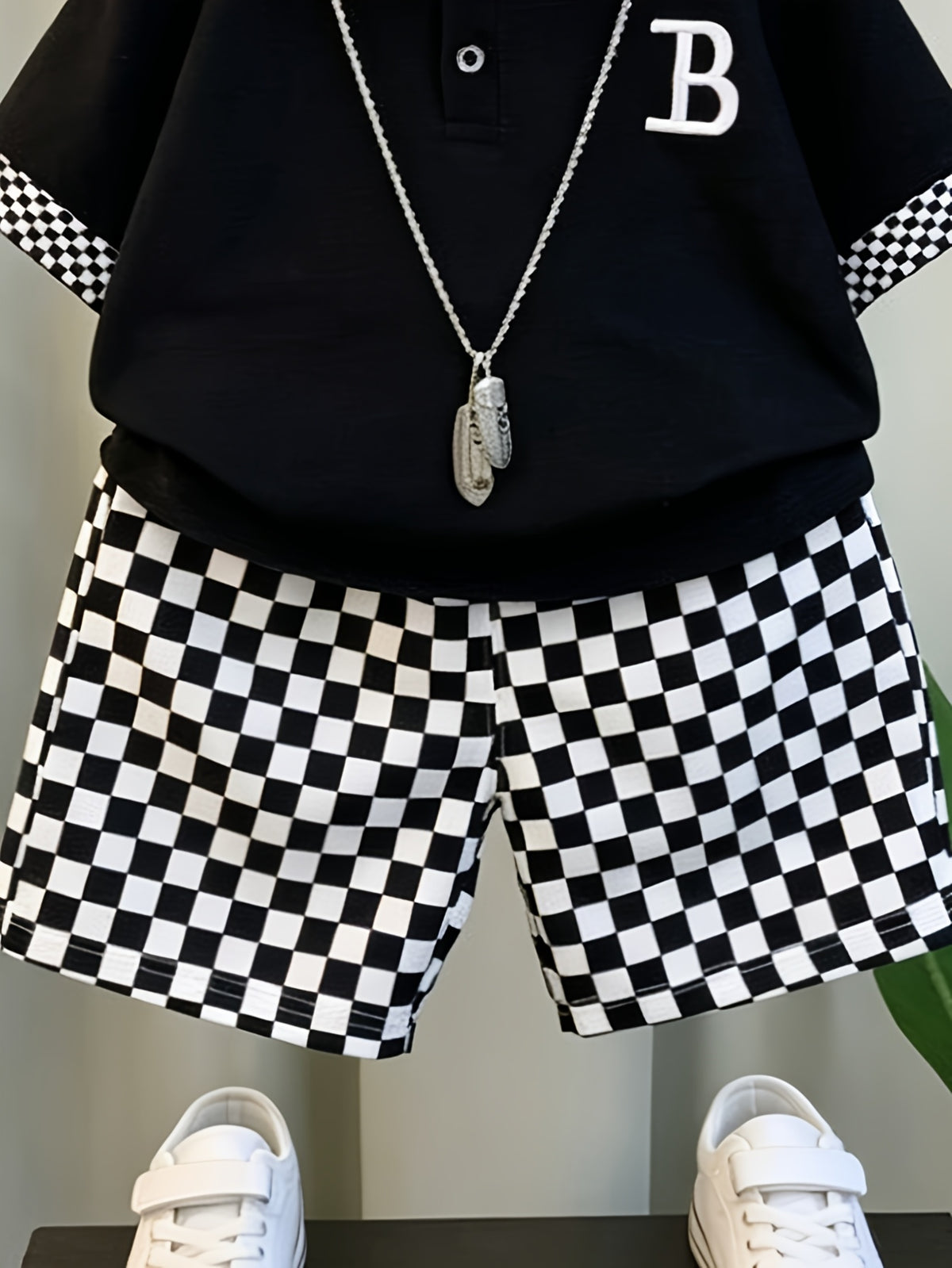 2Pcss Set of Baby/Boy Casual Outfit, Suitable for Spring Summer Boy 2Pcss Set, Solid Short Sleeve Polo Shirt And Elastic Checkered Shorts, Very Suitable for Outdoor Activities, Suitable For, Sports, Daily Wear, Outing