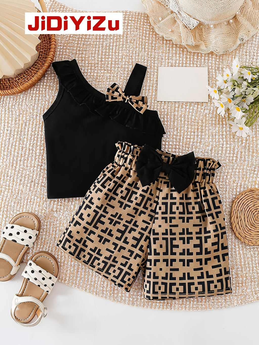 Girls Off-Shoulder Top and Geometric Shorts Set