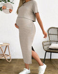 Maternity Women Two Piece Casual Top and Skirt Set Striped Short Sleeve Maxi Skirt with Side Slit Model