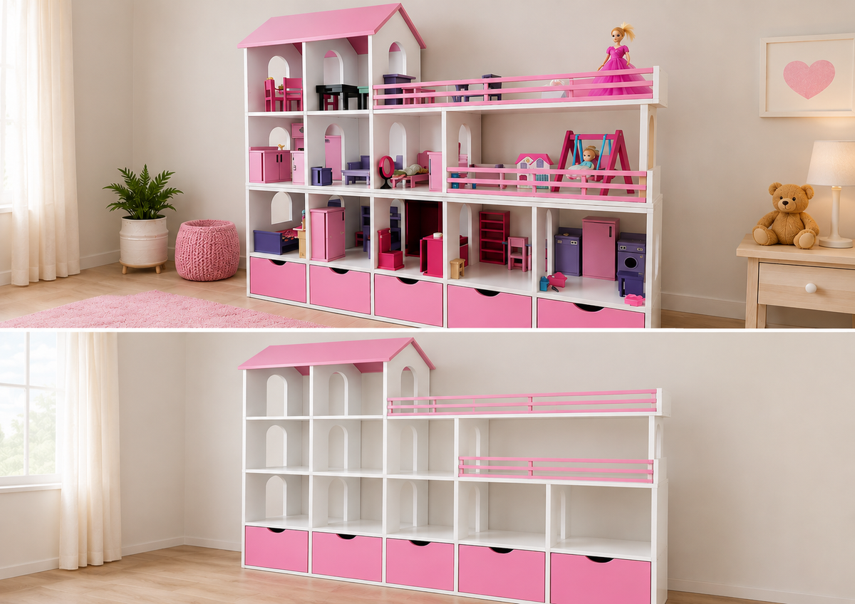 Large Wooden Dollhouse with Furniture & Storage Drawers – Kids Pretend Play House